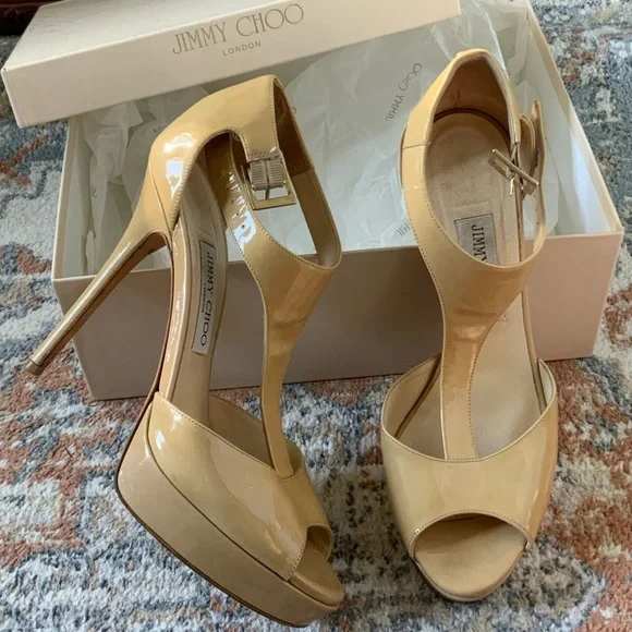 Jimmy Choo Totem nude patent leather buckle strap stiletto heels EU 39 with box! - Picture 4 of 13